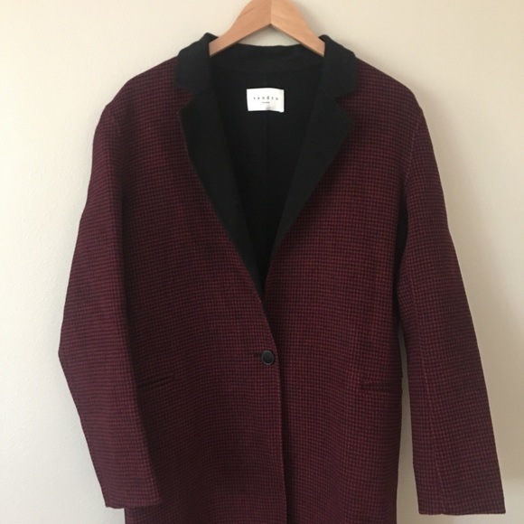 SANDRO Claret Felt Wool Houndstooth Long Coat Red/Black - Picture 6 of 10